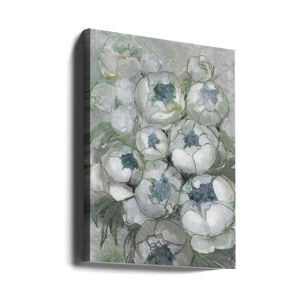 Nuria bouquet of peonies in teal and green - Stretched Canvas, Poster or Fine Art Print I Heart Wall Art