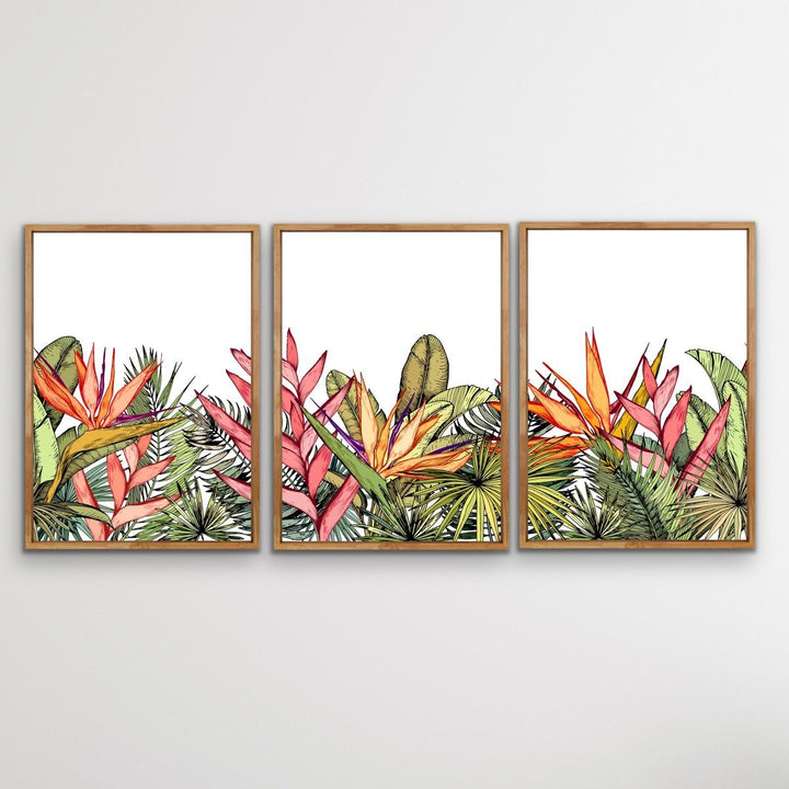 Oasis - Three Piece Jungle Monstera Palm Garden Stretched Canvas Print Triptych - I Heart Wall Art