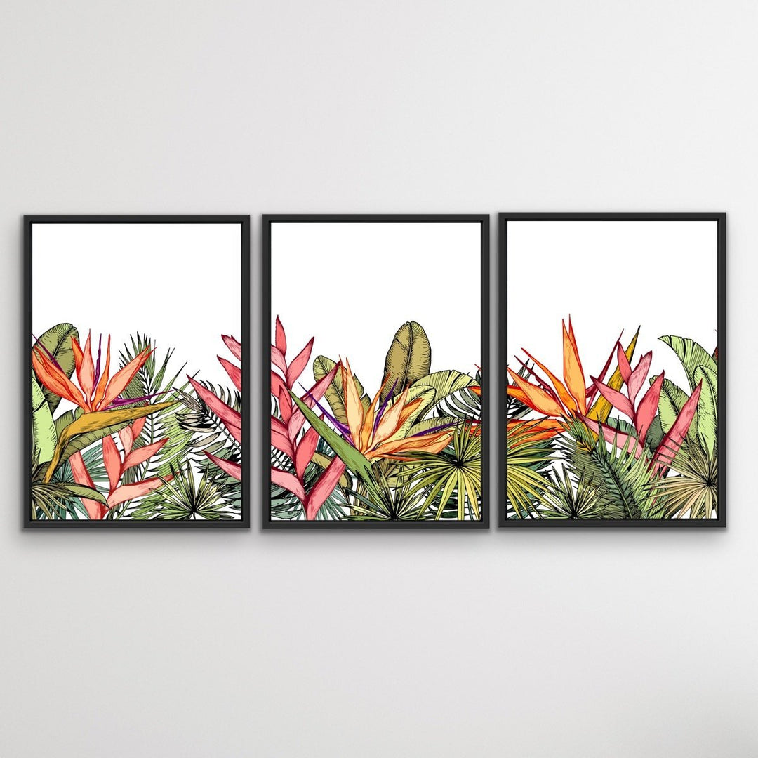 Oasis - Three Piece Jungle Monstera Palm Garden Stretched Canvas Print Triptych - I Heart Wall Art