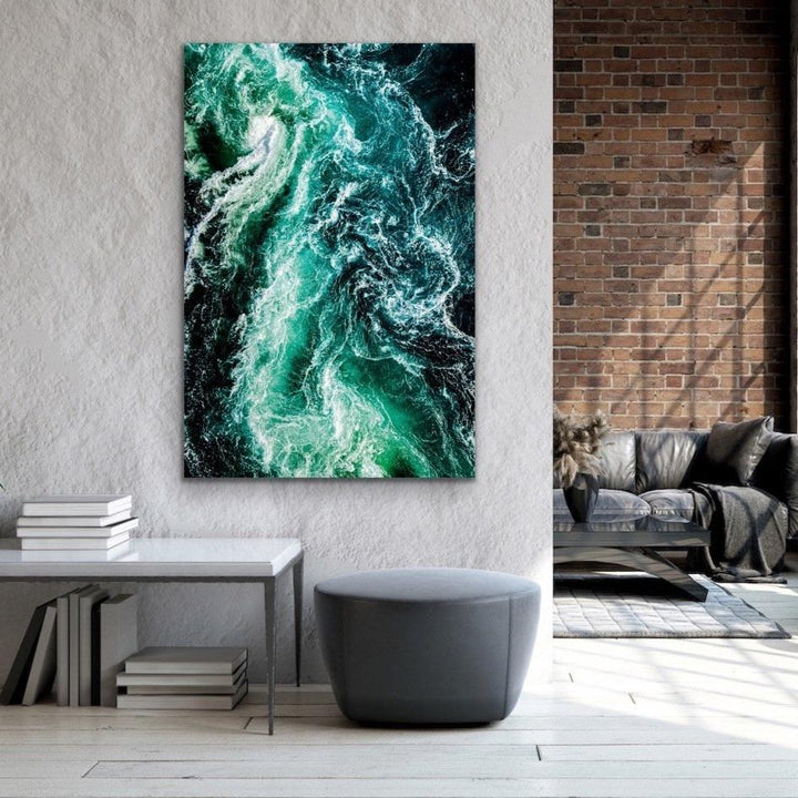Ocean Wake - Green Turquoise Ocean Aerial Art Print Stretched Canvas Wall Art - I Heart Wall Art