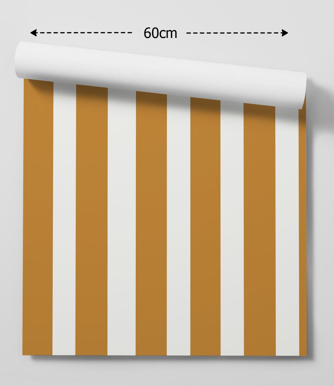 A roll of ochre striped removable peel and stick wallpaper with mustard yellow and white vertical stripes 60cm wide