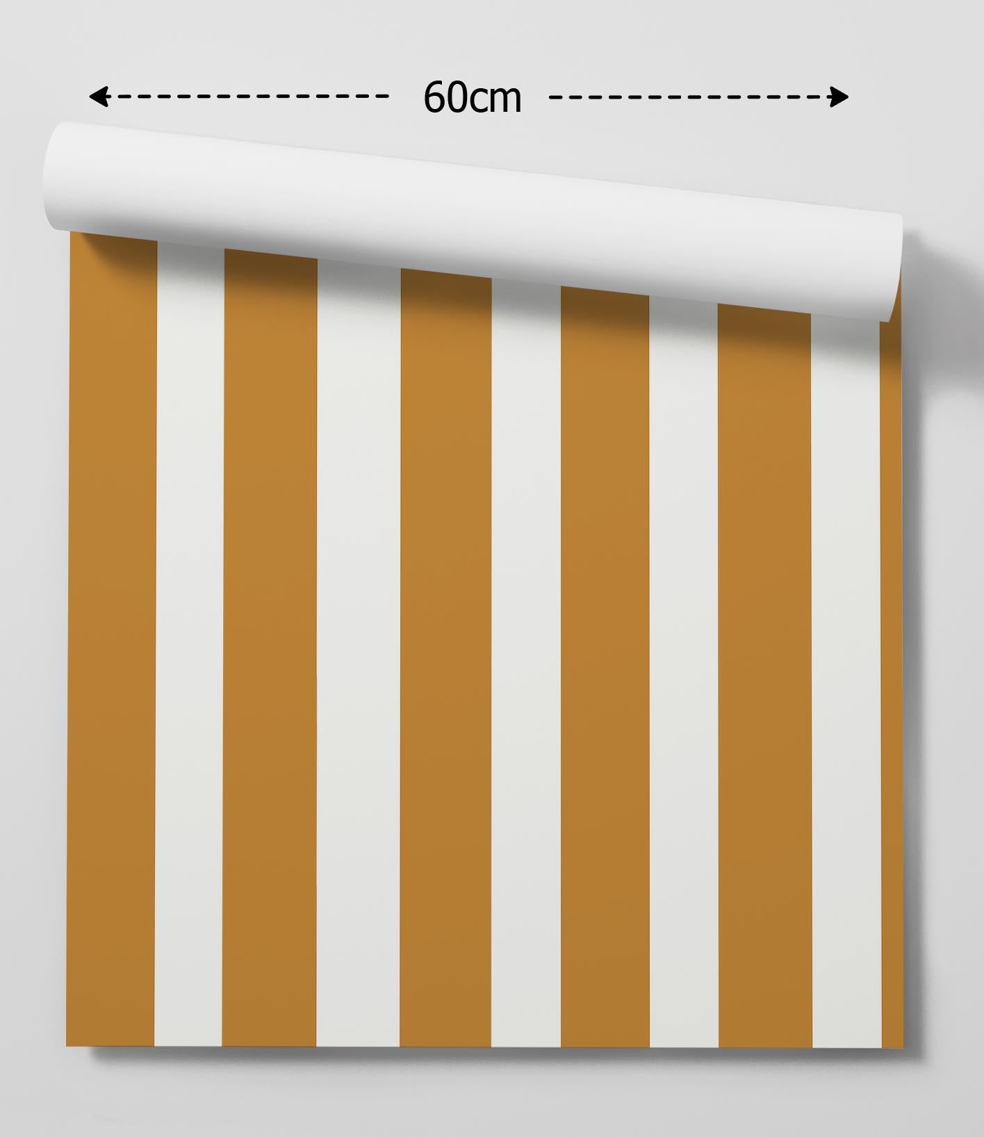 A roll of ochre striped removable peel and stick wallpaper with mustard yellow and white vertical stripes 60cm wide