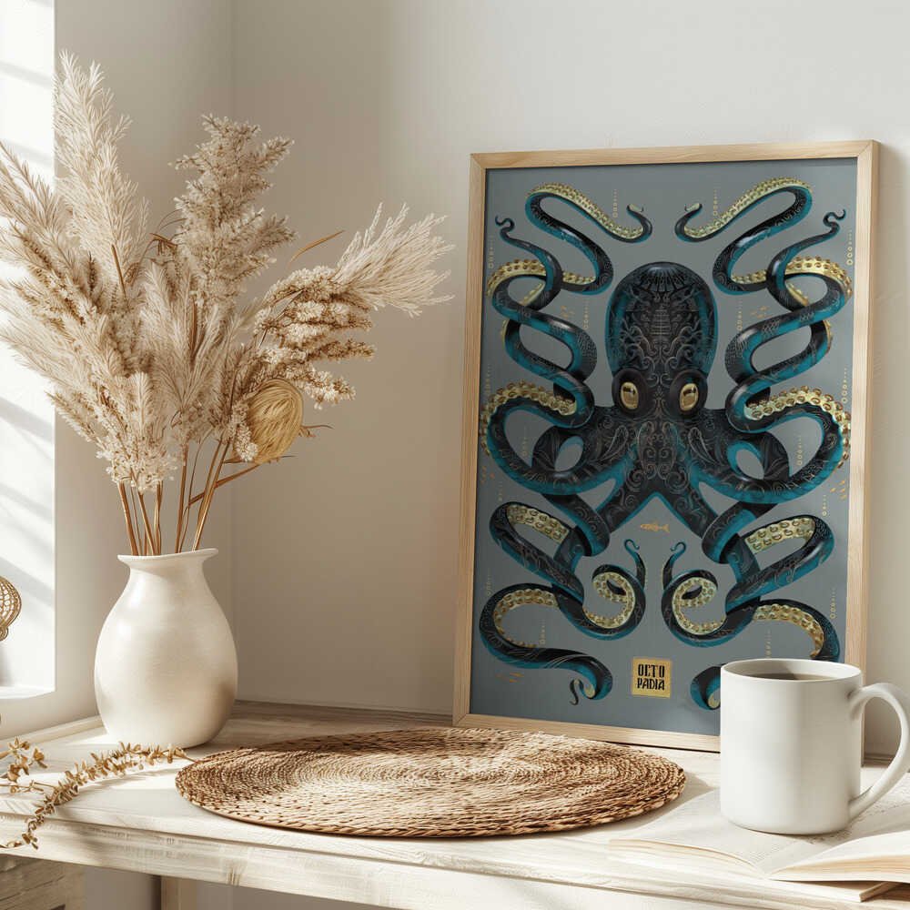 Octopus Black &amp; Gold - Stretched Canvas, Poster or Fine Art Print - I Heart Wall Art - Poster Print, Canvas Print or Framed Art Print