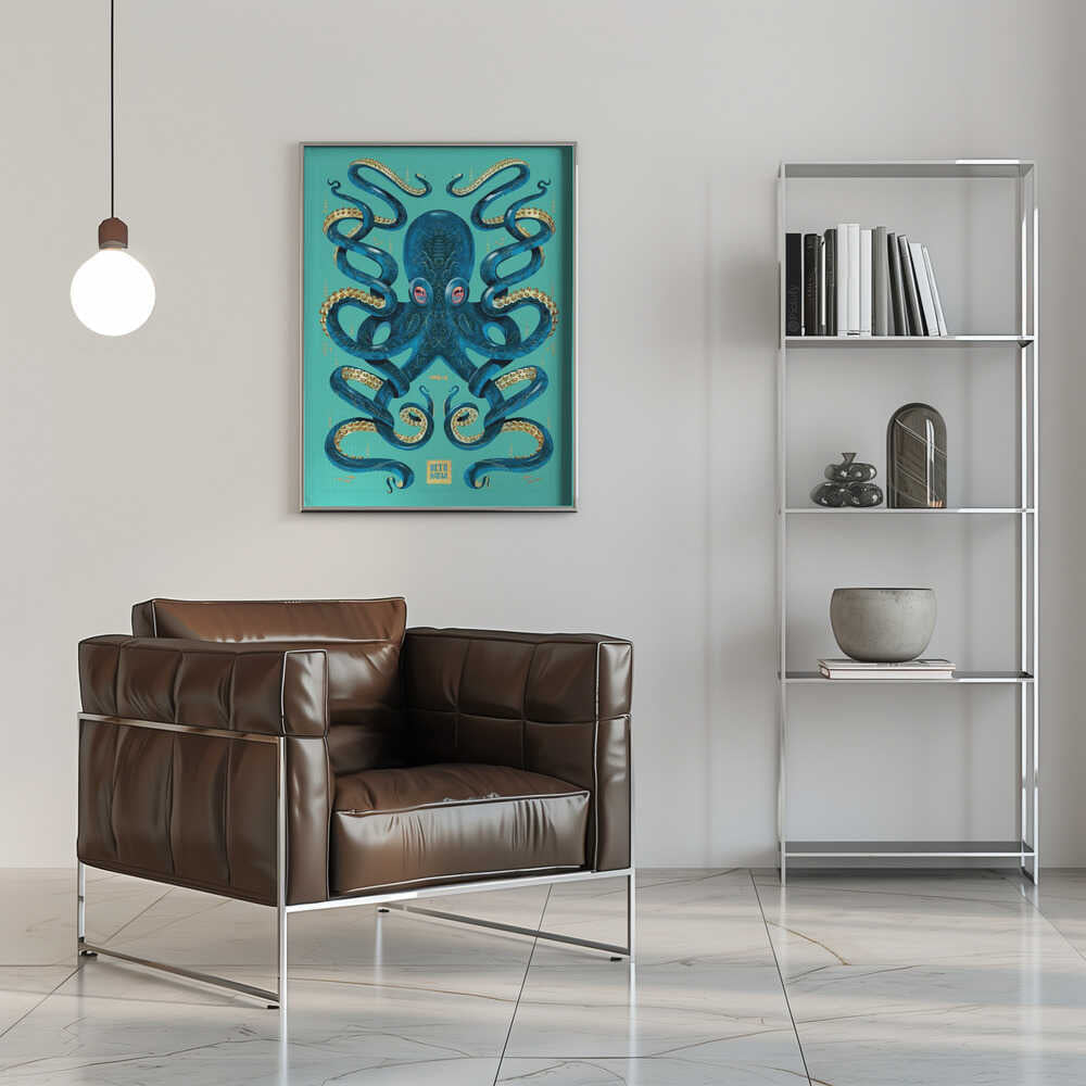 Octopus Blue &amp; Gold - Stretched Canvas, Poster or Fine Art Print - I Heart Wall Art - Poster Print, Canvas Print or Framed Art Print