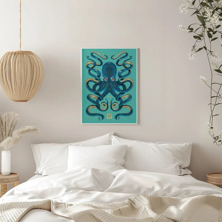 Octopus Blue &amp; Gold - Stretched Canvas, Poster or Fine Art Print I Heart Wall Art