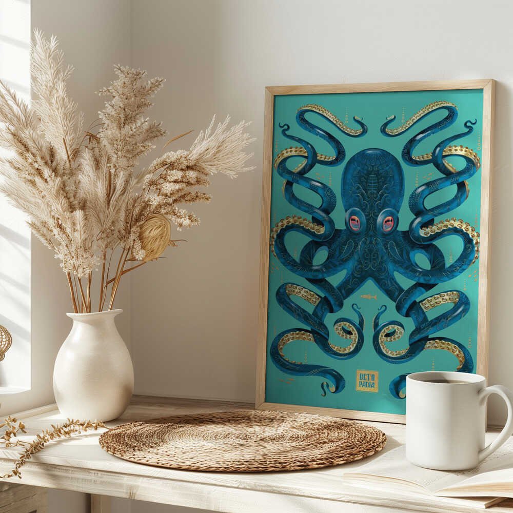 Octopus Blue &amp; Gold - Stretched Canvas, Poster or Fine Art Print - I Heart Wall Art - Poster Print, Canvas Print or Framed Art Print
