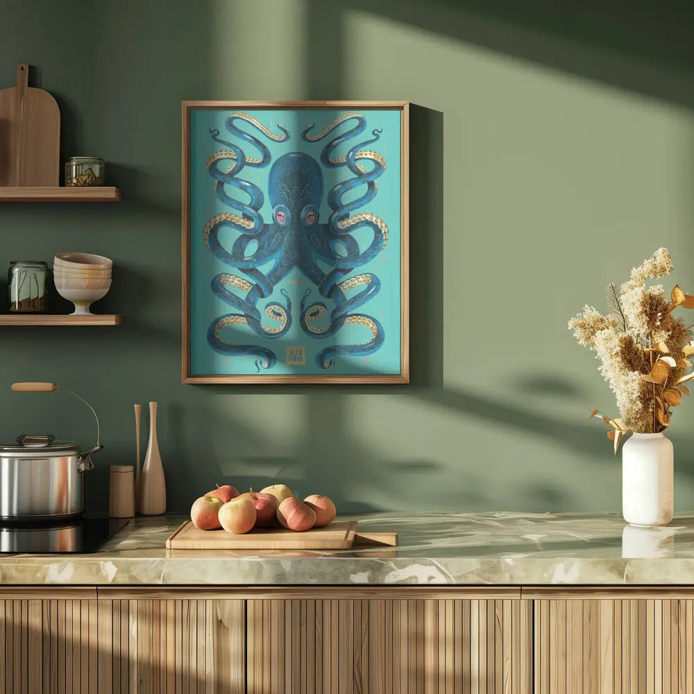 Octopus Blue &amp; Gold - Stretched Canvas, Poster or Fine Art Print I Heart Wall Art