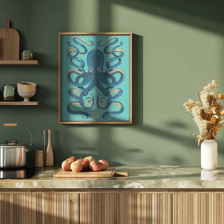 Octopus Blue &amp; Gold - Stretched Canvas, Poster or Fine Art Print I Heart Wall Art