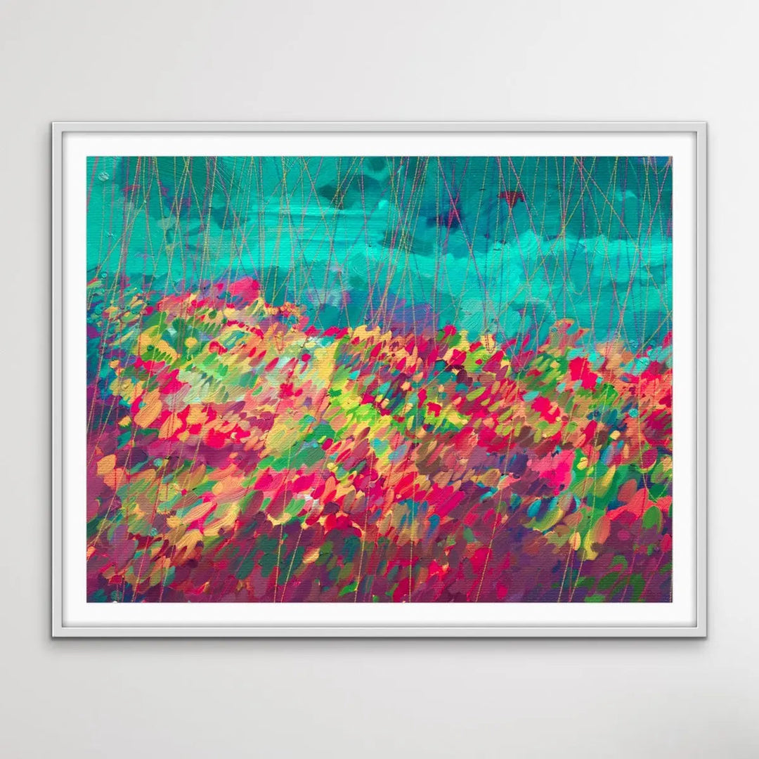 Oh Happy Day - Colourful Abstract Floral Blue Pink Print - I Heart Wall Art