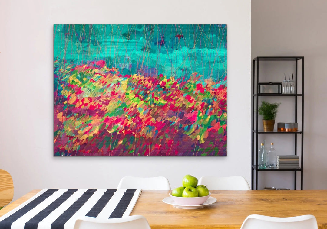 Oh Happy Day - Colourful Abstract Floral Blue Pink Print - I Heart Wall Art