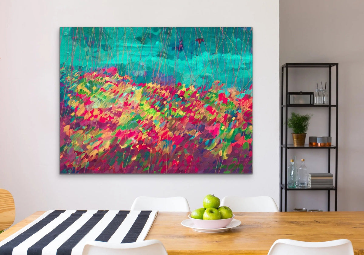 Oh Happy Day - Colourful Abstract Floral Blue Pink Print - I Heart Wall Art