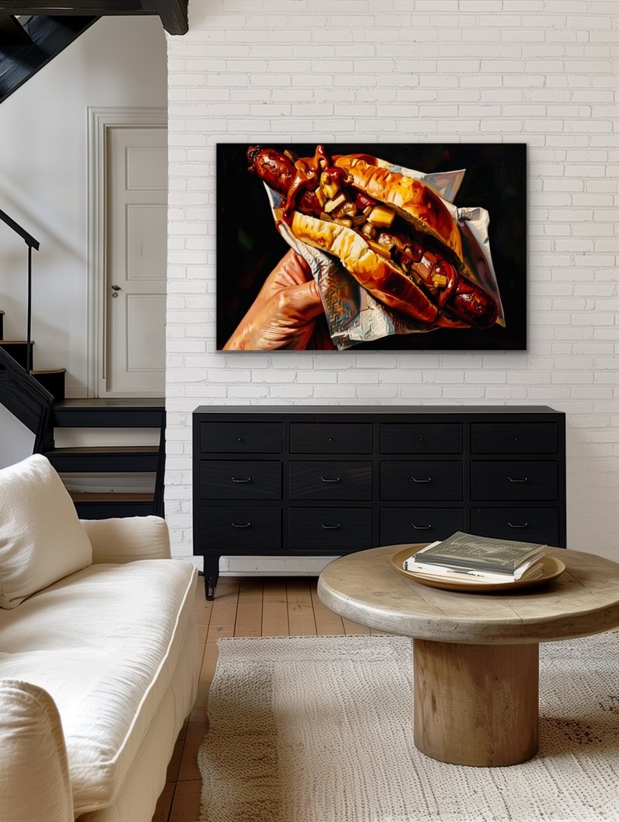 One With - Sausage In Bread / Sausage Sandwich Canvas or Fine Art Print - I Heart Wall Art - Poster Print, Canvas Print or Framed Art Print