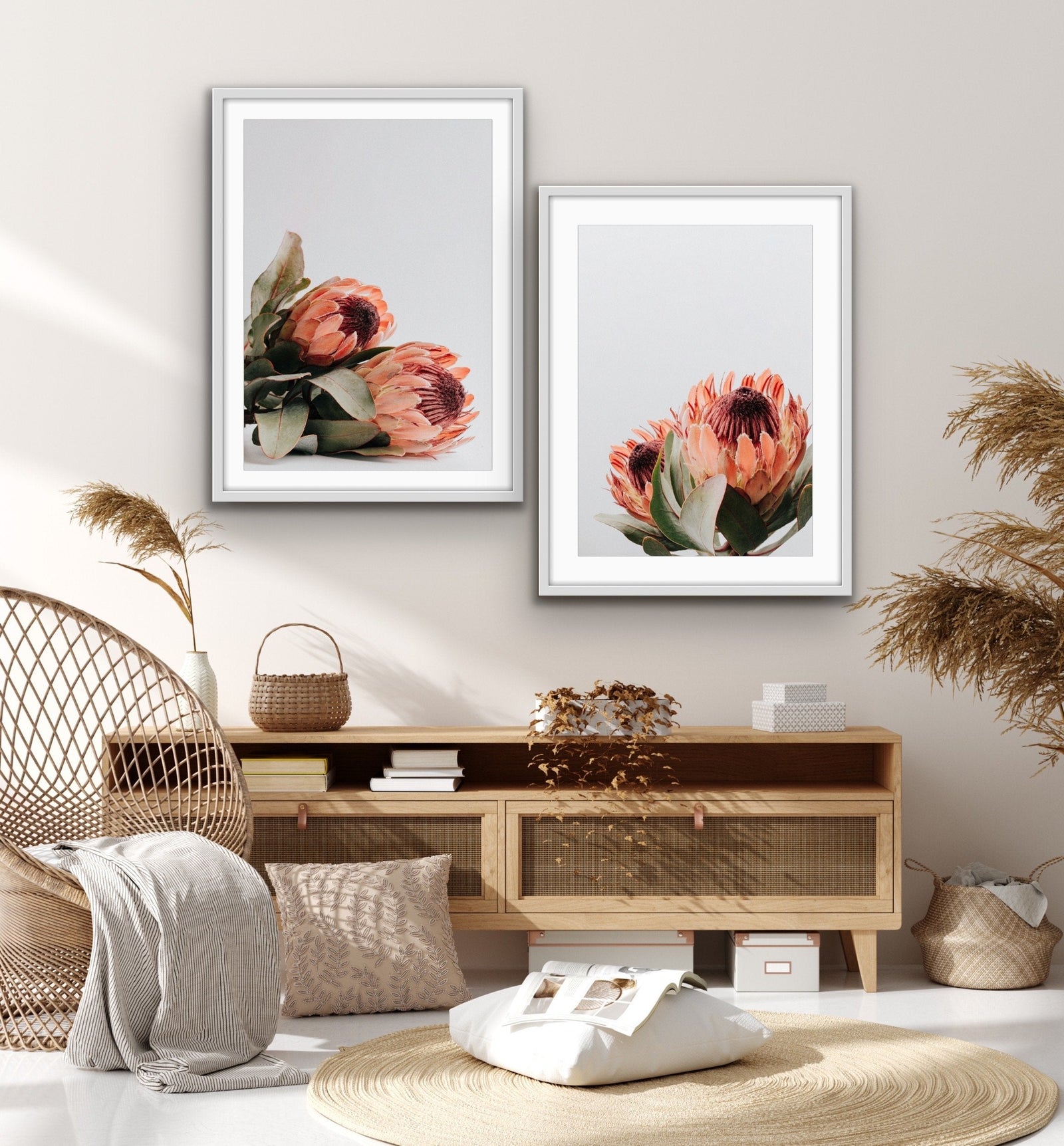 Orange Proteas - Two Piece Protea Photographic Print Canvas Framed Wall Art Diptych - I Heart Wall Art