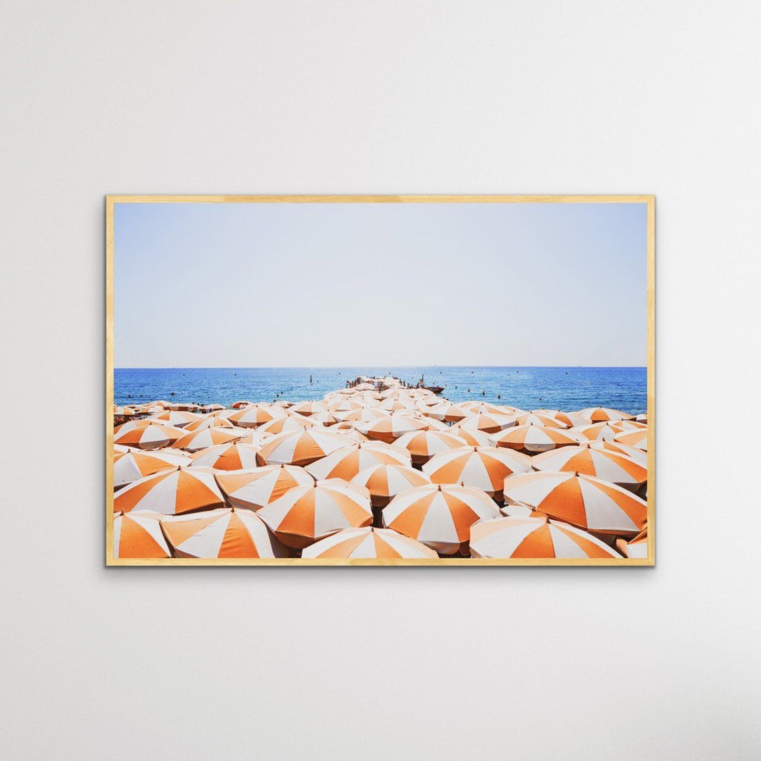 Orange Umbrellas - Busy Beach Print With Umbrellas Along The Shore - I Heart Wall Art