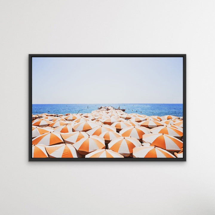 Orange Umbrellas - Busy Beach Print With Umbrellas Along The Shore - I Heart Wall Art