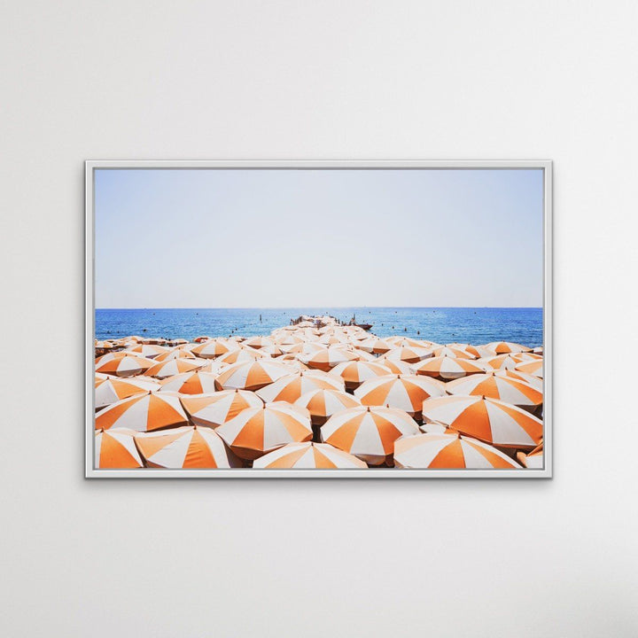 Orange Umbrellas - Busy Beach Print With Umbrellas Along The Shore - I Heart Wall Art