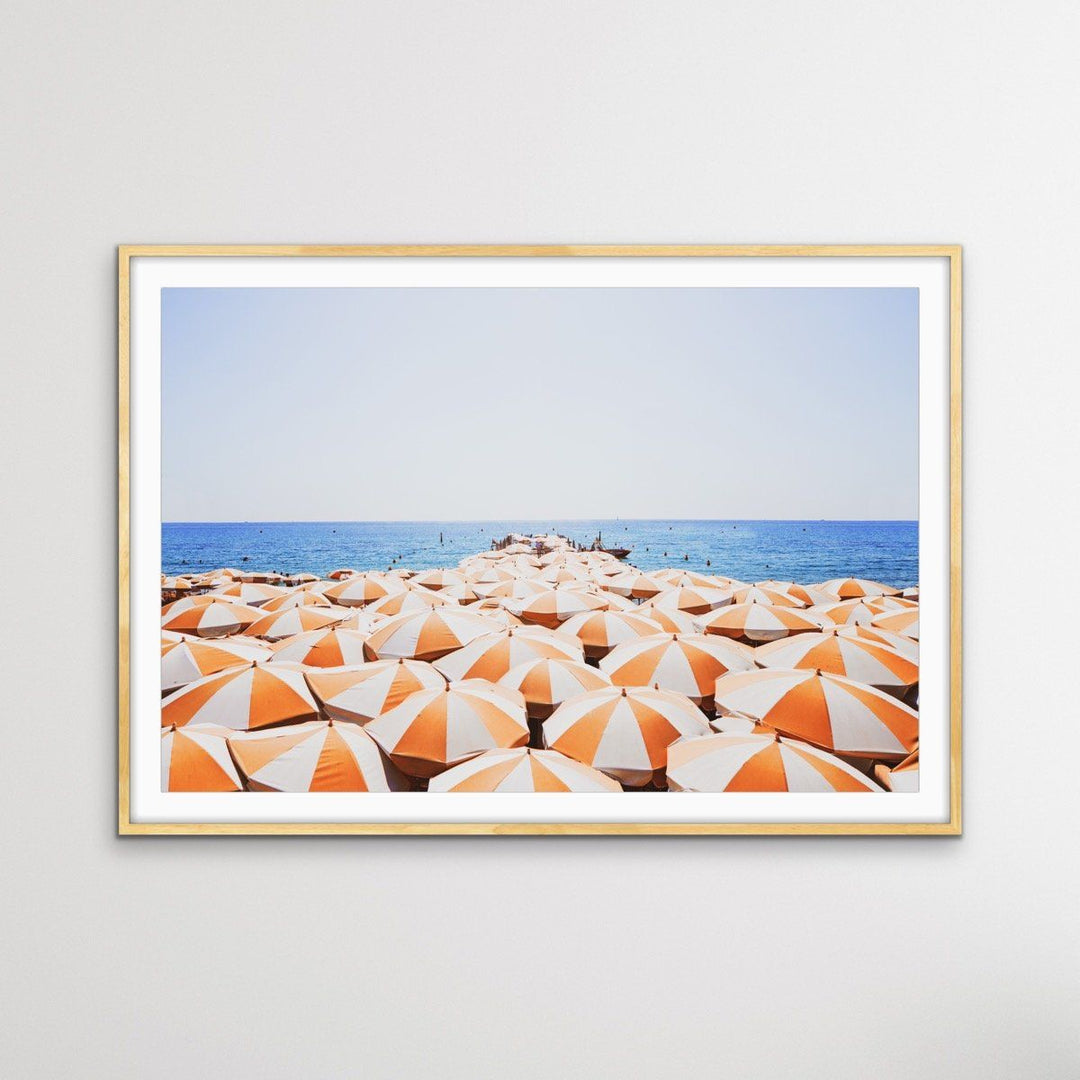 Orange Umbrellas - Busy Beach Print With Umbrellas Along The Shore - I Heart Wall Art