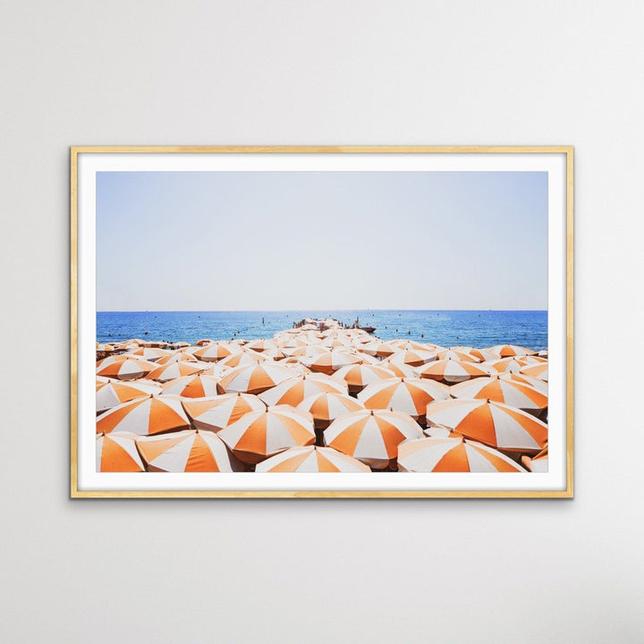 Orange Umbrellas - Busy Beach Print With Umbrellas Along The Shore - I Heart Wall Art