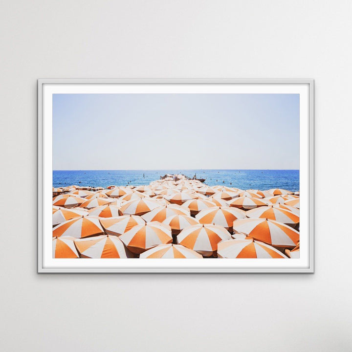 Orange Umbrellas - Busy Beach Print With Umbrellas Along The Shore - I Heart Wall Art