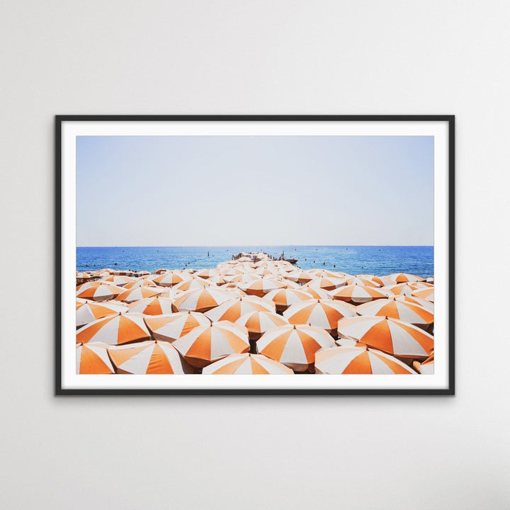 Orange Umbrellas - Busy Beach Print With Umbrellas Along The Shore - I Heart Wall Art