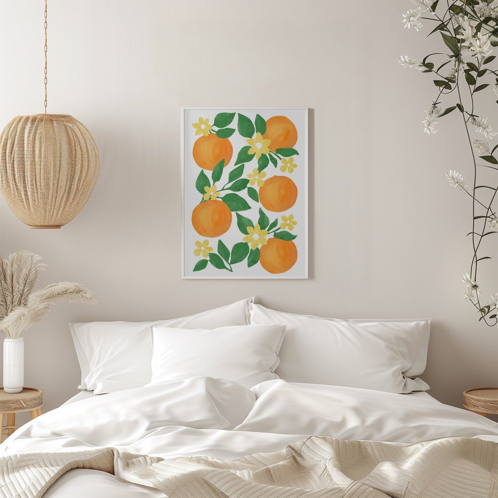 Oranges with Green Leaves and Delicate Yellow Flowers - Stretched Canvas, Poster or Fine Art Print - I Heart Wall Art - Poster Print, Canvas Print or Framed Art Print