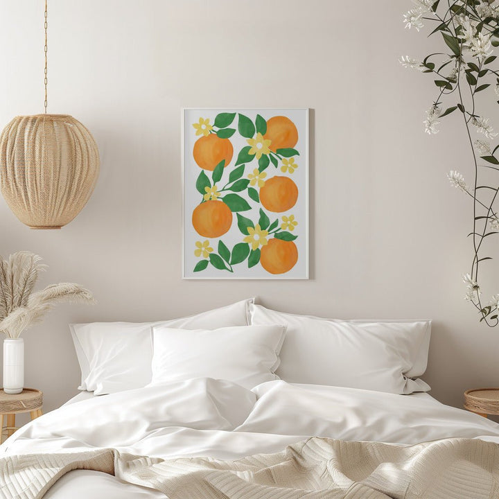 Oranges with Green Leaves and Delicate Yellow Flowers - Stretched Canvas, Poster or Fine Art Print - I Heart Wall Art - Poster Print, Canvas Print or Framed Art Print
