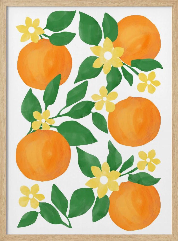 Oranges with Green Leaves and Delicate Yellow Flowers - Stretched Canvas, Poster or Fine Art Print - I Heart Wall Art - Poster Print, Canvas Print or Framed Art Print