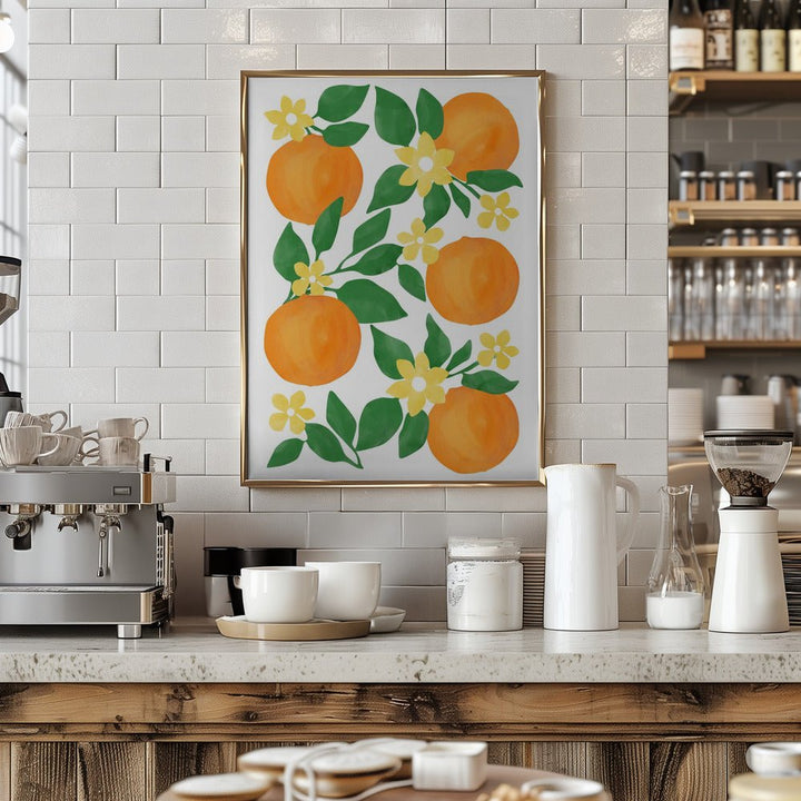 Oranges with Green Leaves and Delicate Yellow Flowers - Stretched Canvas, Poster or Fine Art Print - I Heart Wall Art - Poster Print, Canvas Print or Framed Art Print
