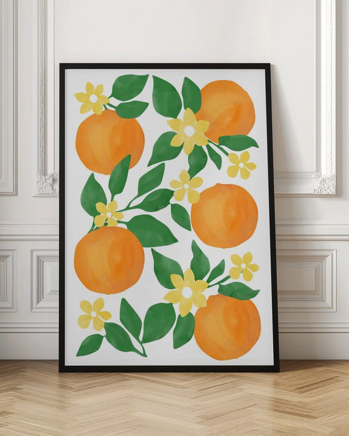 Oranges with Green Leaves and Delicate Yellow Flowers - Stretched Canvas, Poster or Fine Art Print - I Heart Wall Art - Poster Print, Canvas Print or Framed Art Print