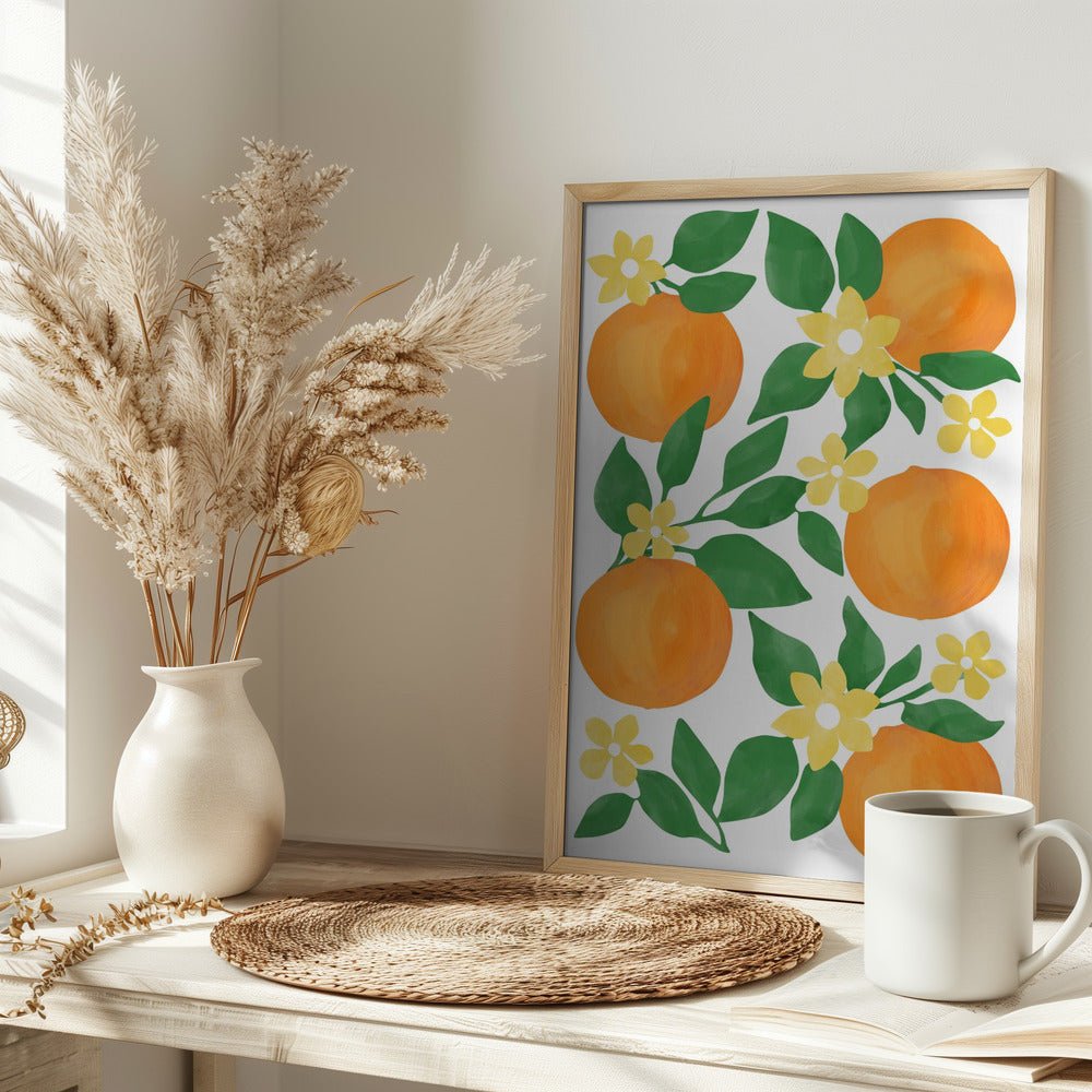 Oranges with Green Leaves and Delicate Yellow Flowers - Stretched Canvas, Poster or Fine Art Print - I Heart Wall Art - Poster Print, Canvas Print or Framed Art Print
