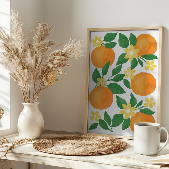Oranges with Green Leaves and Delicate Yellow Flowers - Stretched Canvas, Poster or Fine Art Print - I Heart Wall Art - Poster Print, Canvas Print or Framed Art Print