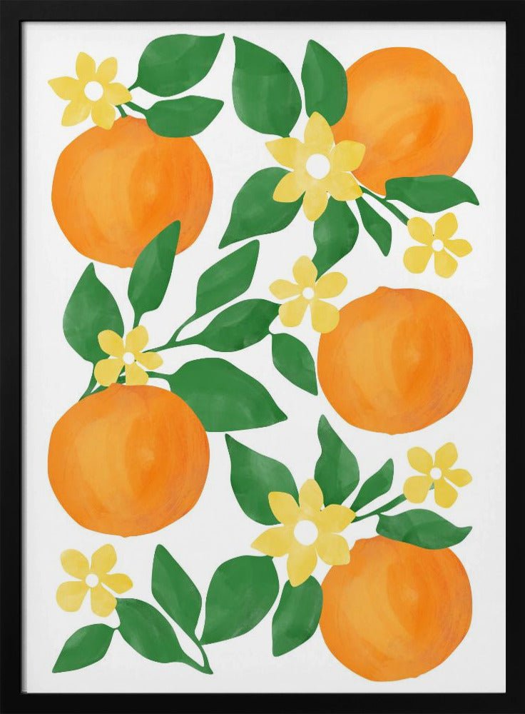 Oranges with Green Leaves and Delicate Yellow Flowers - Stretched Canvas, Poster or Fine Art Print - I Heart Wall Art - Poster Print, Canvas Print or Framed Art Print