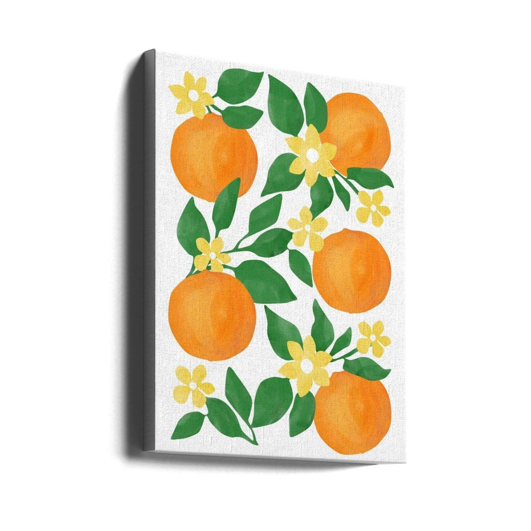 Oranges with Green Leaves and Delicate Yellow Flowers - Stretched Canvas, Poster or Fine Art Print - I Heart Wall Art - Poster Print, Canvas Print or Framed Art Print