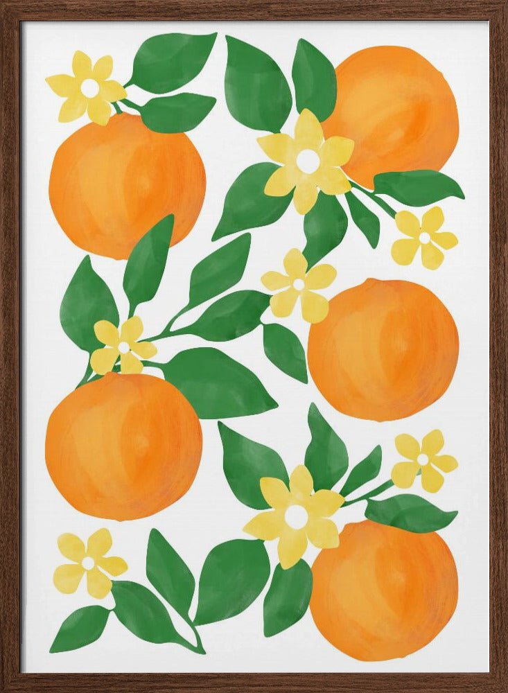 Oranges with Green Leaves and Delicate Yellow Flowers - Stretched Canvas, Poster or Fine Art Print - I Heart Wall Art - Poster Print, Canvas Print or Framed Art Print