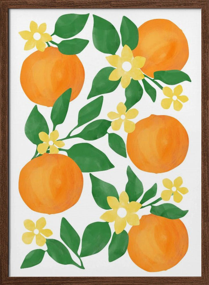 Oranges with Green Leaves and Delicate Yellow Flowers - Stretched Canvas, Poster or Fine Art Print - I Heart Wall Art - Poster Print, Canvas Print or Framed Art Print