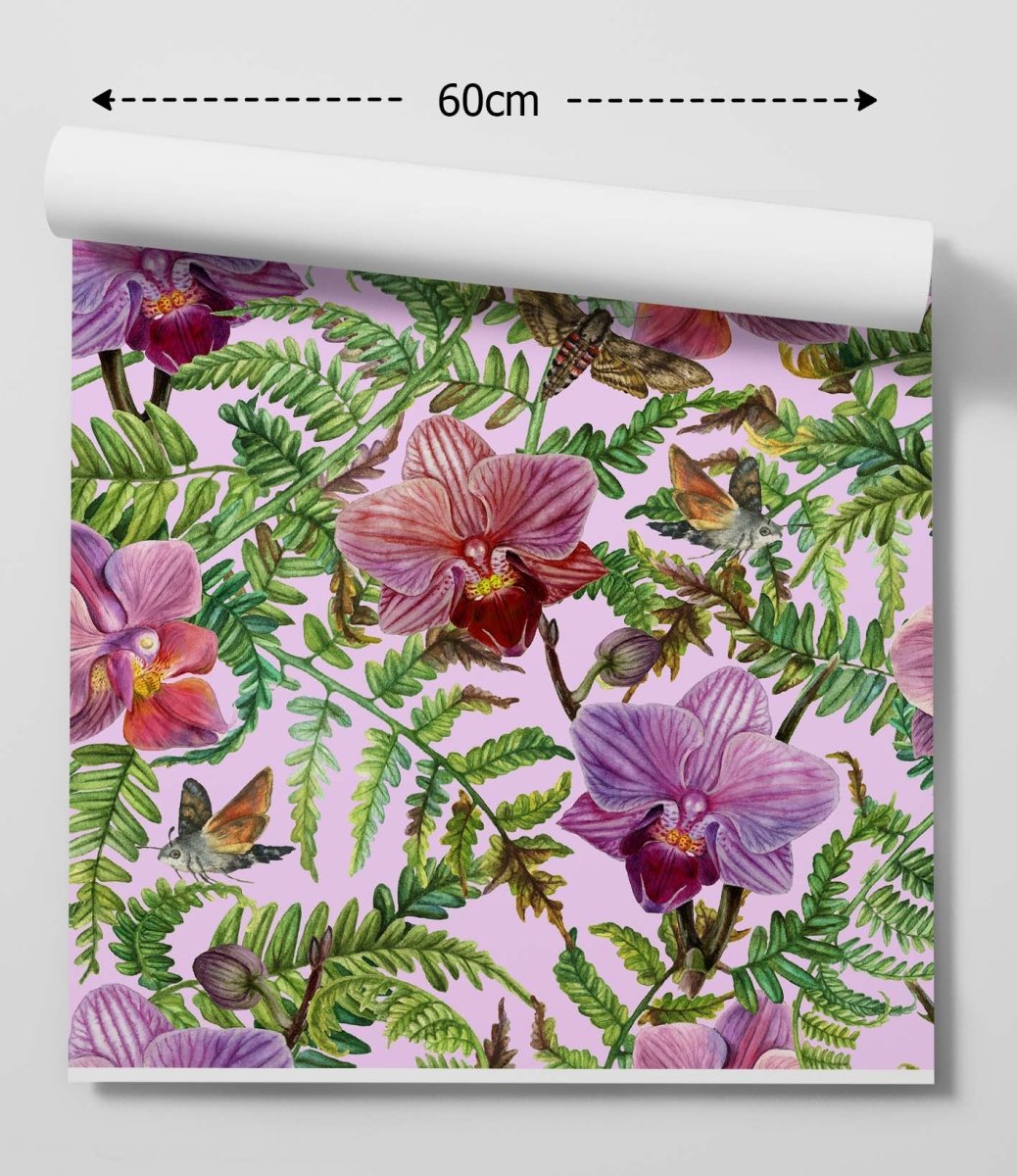 Orchid & Fern - Pink Orchid and Greenery Watercolour Wallpaper - I Heart Wall Art - Poster Print, Canvas Print or Framed Art Print