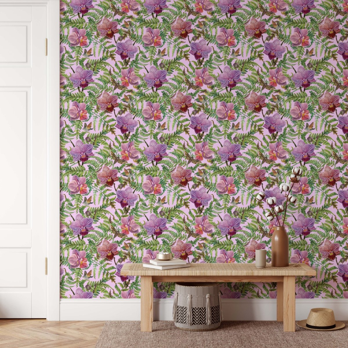 Orchid & Fern - Pink Orchid and Greenery Watercolour Wallpaper - I Heart Wall Art - Poster Print, Canvas Print or Framed Art Print