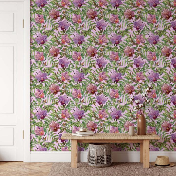 Orchid &amp; Fern - Pink Orchid and Greenery Watercolour Wallpaper - I Heart Wall Art - Poster Print, Canvas Print or Framed Art Print