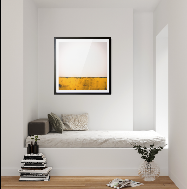 Outback square abstract golden landscape wall art canvas print with bold yellow stripe on white background in black frame