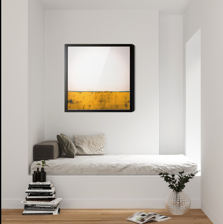 Black-framed abstract canvas wall art with split white upper and textured mustard yellow lower halves titled Outback golden landscape