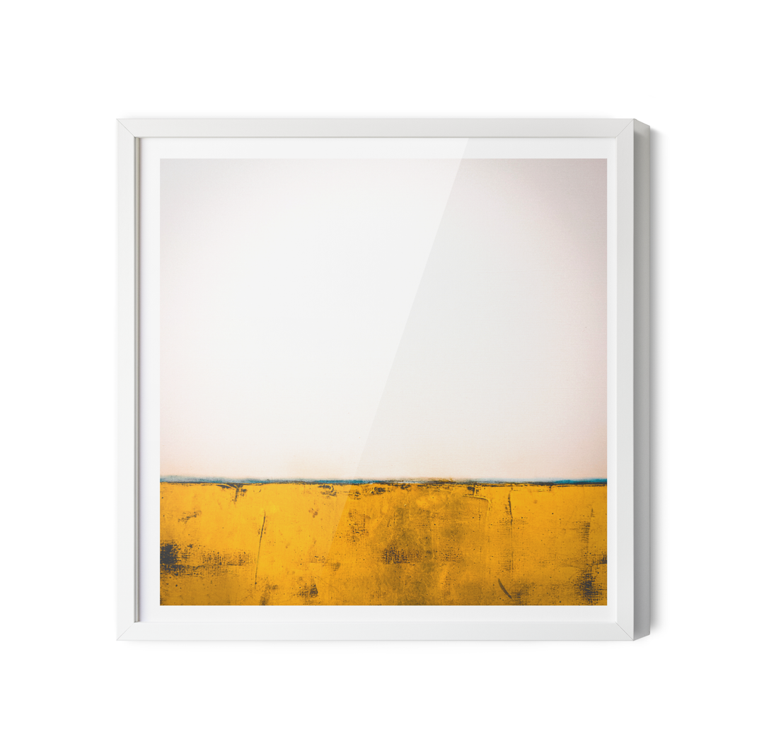 White-framed canvas print of outback square abstract golden landscape with textured golden-yellow and pale upper halves