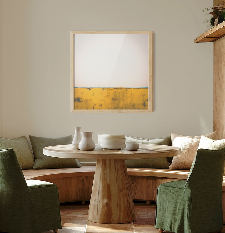 Outback square abstract golden landscape wall art canvas print with bold textured yellow band in light wood frame