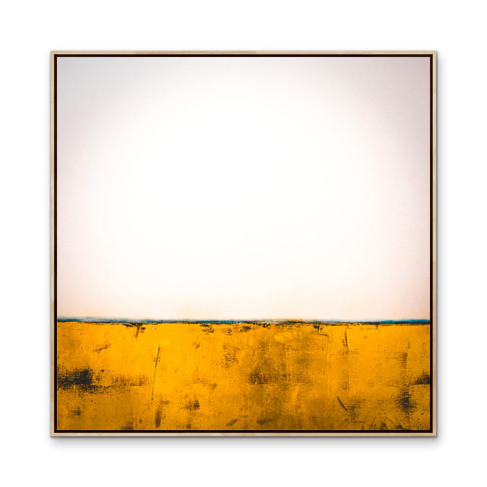 Outback square abstract golden landscape wall art canvas print with bold yellow textured lower half and teal line detail
