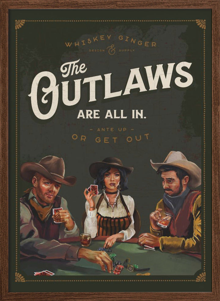 Outlaws Are All In Cool Cowboy Poker Art - Stretched Canvas, Poster or Fine Art Print I Heart Wall Art