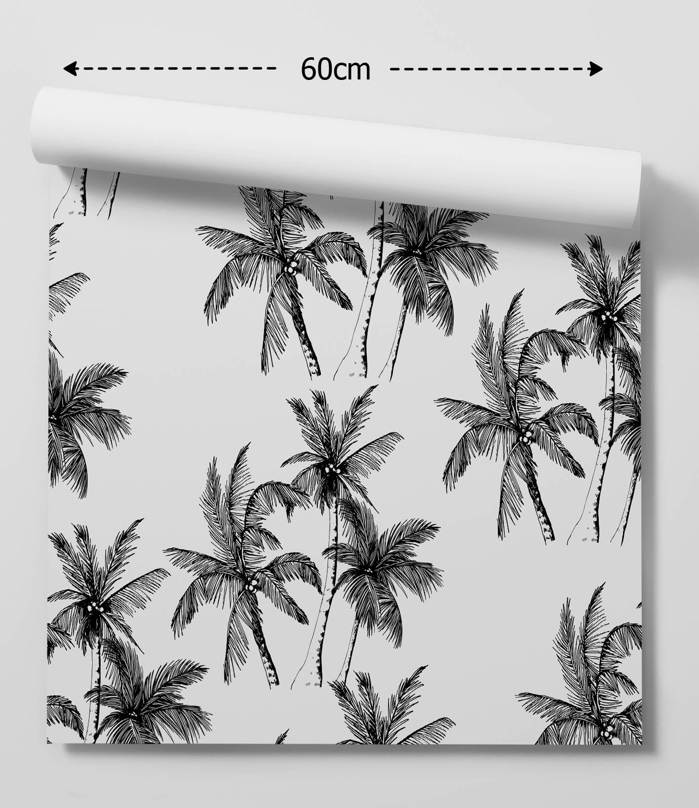 Black and white palm tree patterned removable peel and stick wallpaper 60cm wide for tropical decor