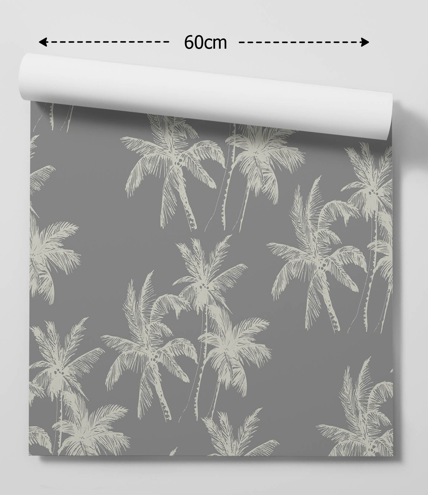 Gray removable peel and stick wallpaper with white palm tree pattern in cream and dark grey tropical design