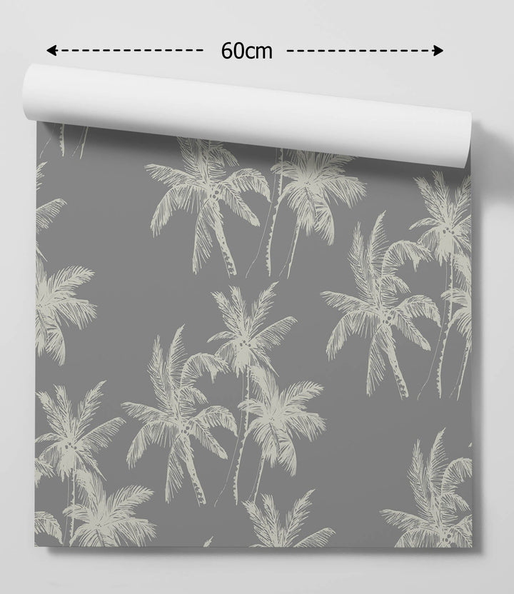 Gray removable peel and stick wallpaper with white palm tree pattern in cream and dark grey tropical design