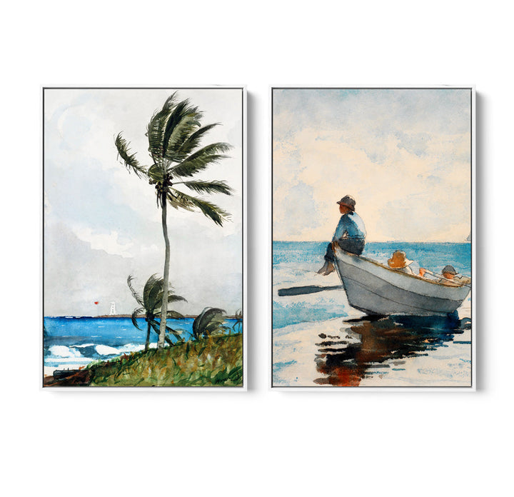 Palm Tree and Boys In Dory by Winslow Homer- Two Piece Set of Contemporary Women As Stretched Canvases or Fine Art