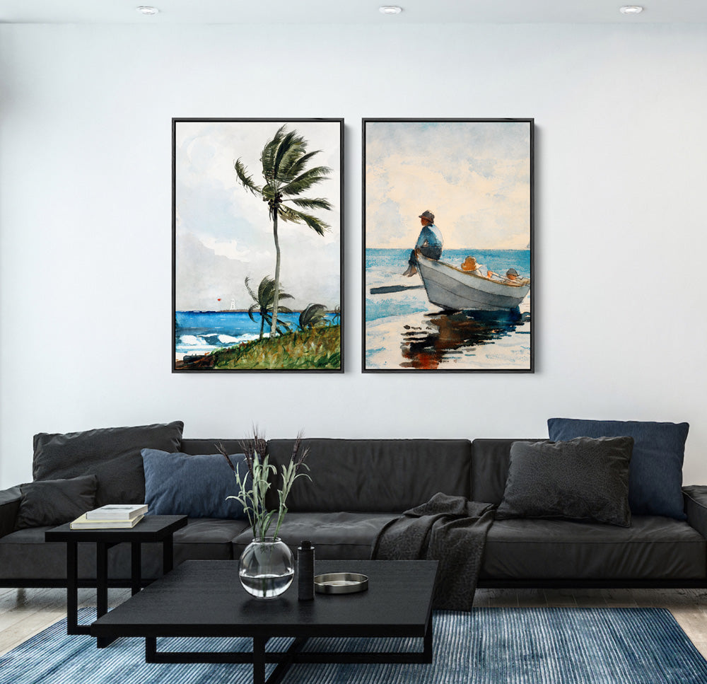 Palm Tree and Boys In Dory by Winslow Homer- Two Piece Set of Contemporary Women As Stretched Canvases or Fine Art