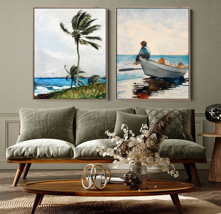 Palm Tree and Boys In Dory by Winslow Homer- Two Piece Set of Contemporary Women As Stretched Canvases or Fine Art